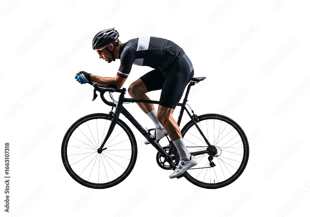 Naklejka premium Cycling Endurance: An athlete in peak physical condition, captured mid-ride on a sleek, aerodynamic bicycle, personifying the essence of cycling, competition, and outdoor fitness.