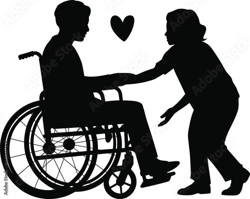 Silhouette of caregiver showing love, support, compassion to wheelchair user, disability care, inclusive relationship, emotional connection, healthcare help