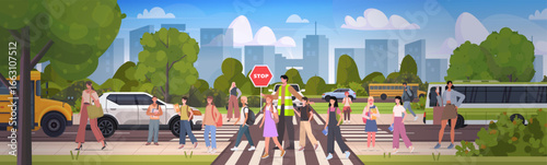 Teacher in a reflective vest  holding road sign stop and school kids cross the street by crosswalk. Schoolchildren walking to school. Vector Not AI generated