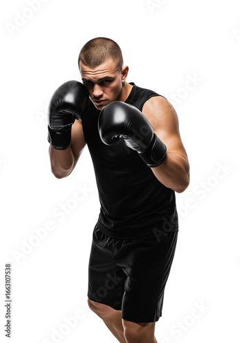 Dynamic Defense: A focused boxer stands poised, his gaze intense as he showcases readiness. Dressed in sleek, black attire and gloves, the fighter epitomizes strength and dedication.