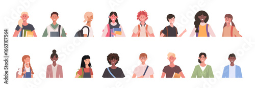 Set of elementary school children avatars. Collection of portraits of happy kids. Vector Not AI generated