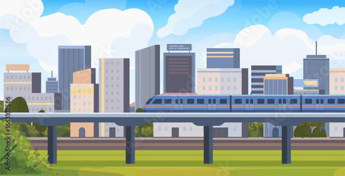 City landscape with train. Train moving on a bridge. Public transportation. Vector illustration. Not AI generated