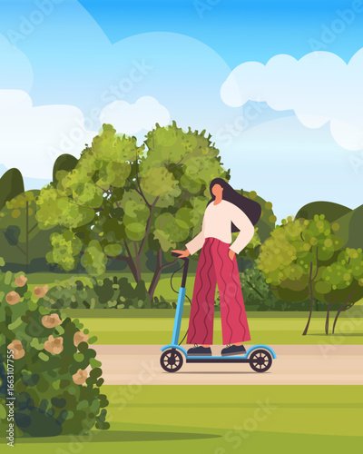 Active young woman riding electric walk scooter in park at sunny summer day.  Modern female character driving eco urban transport. Vector Not AI generated