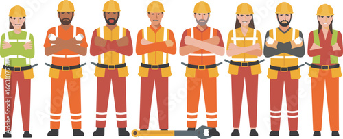 Group of confident construction workers in safety helmets and vests standing with crossed arms, teamwork and safety concept.