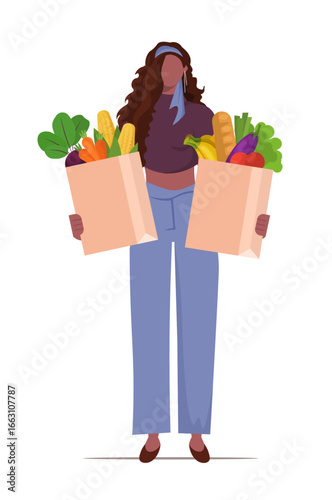  African american woman holding two reusable paper grocery bag. Her bags brim with farm-fresh produce and wholesome choices Vector illustration Not AI generated