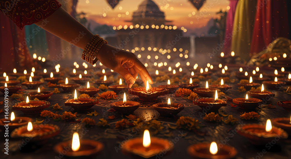 Obraz premium Woman Lighting Diwali Diyas, Celebrating Light and Hope