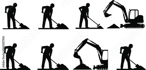 Construction silhouette set, workers with shovels, hoes, excavators, digging, leveling dirt, manual and mechanical work, industry scene, vector illustration