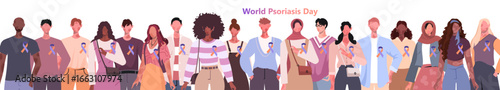  World Psoriasis Day banner. Group of people with purple and orange ribbons. Skin rash, psoriasis, dermatitis or eczema. Vector Not AI generated