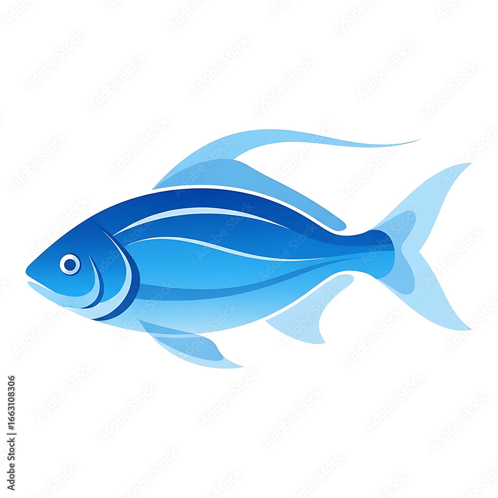 Fototapeta premium Illustration of a blue fish with fins and tail on a white background.