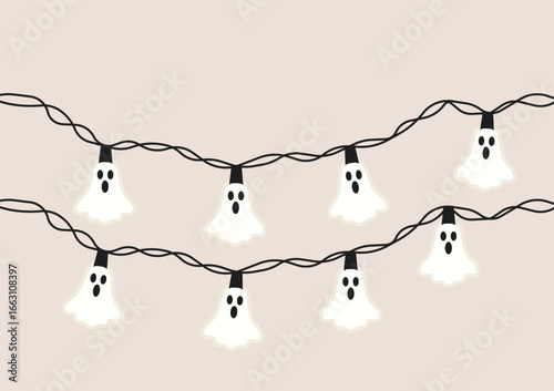 Ghost shaped string lights glowing in white color hanging on black wire, spooky decoration for Halloween night celebration. Flat vector illustration