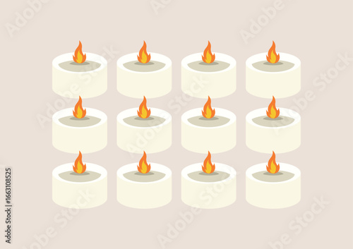 Group of burning tealight candles with orange flames arranged in rows, simple decoration for Halloween night, autumn season or spiritual ritual. Flat vector illustration