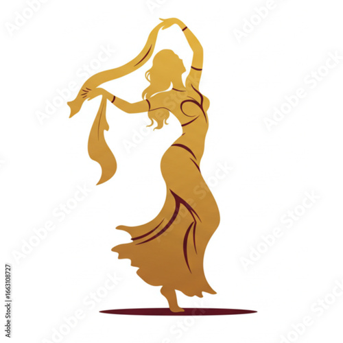 Golden silhouette of elegant dancer gracefully performing a traditional dance, motion