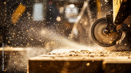 Sawdust flies through air while circular saw cuts wood. Dynamic woodworking scene with vibrant particles.