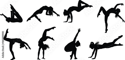 Gymnastics silhouette set, acrobatic poses, handstand, stretching, inverted positions, balance, flexibility, strength, performance art, fitness, vector illustration