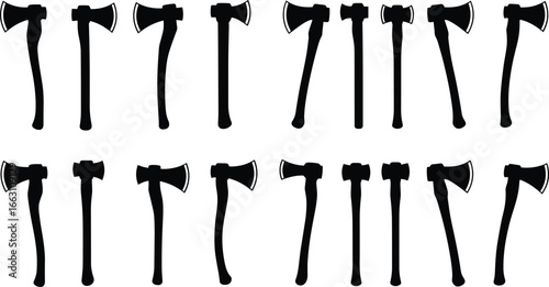 Set of black silhouette axes, various axe shapes and styles, timber tools collection, chopping equipment icons, woodcutting tools illustration