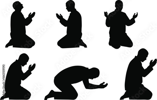 Kneeling prayer silhouettes, worship poses, supplication vector set, spiritual devotion icons, cultural religion art, hands raised, meditation and faith design