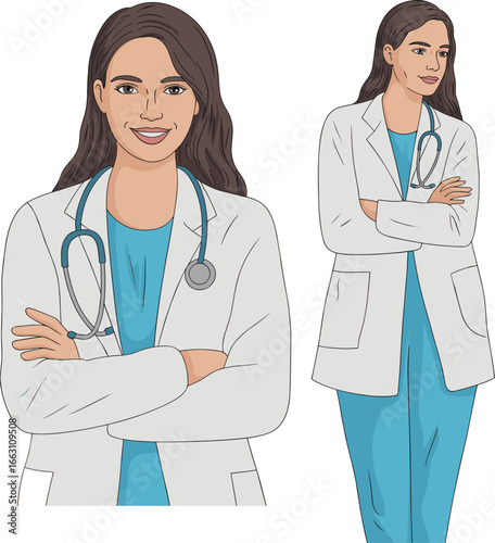 Smiling female doctor in scrubs and lab coat with stethoscope, medical professional standing confidently, healthcare worker illustration.