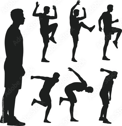 Silhouette of man doing exercise poses, workout movement vector, fitness activity illustration, sports training shadow figure in different positions