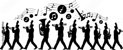 Marching band playing instruments Silhouette vector illustration
