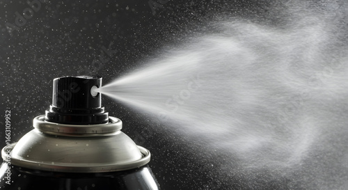 Dynamic close-up of a pressurized aerosol can nozzle dispersing a fine mist of white particles into the air against a dark background