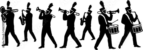 Marching band playing instruments Silhouette vector illustration
