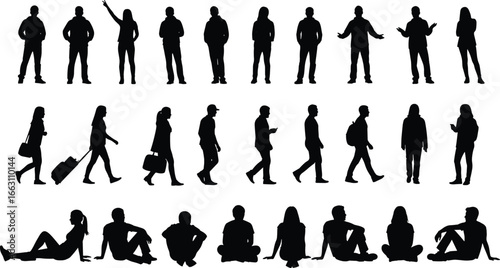 People silhouette set, standing, walking, carrying bag, pulling luggage, sitting on ground, human posture variation, body language, travel vector illustration