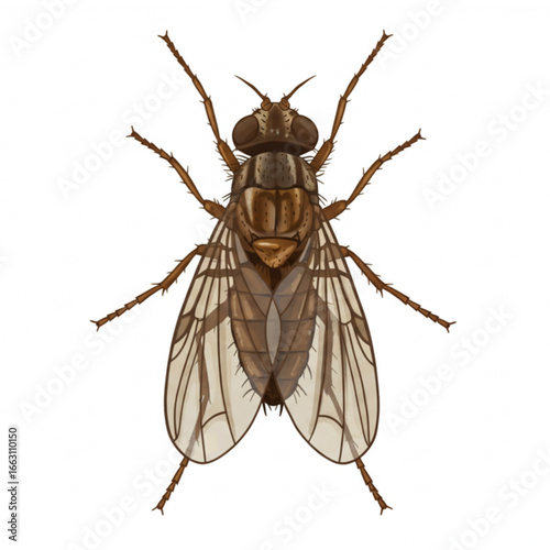 Detailed illustration of a brown fly with translucent wings for educational or scientific use