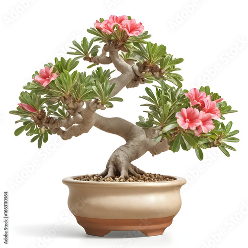 Bonsai tree with twisted trunk, exposed roots, and pink desert rose flowers in shallow ceramic pot with white gravel on white background