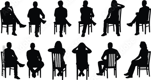 Sitting person silhouette set, various chair postures, arm and leg positions, body language study, gesture design, vector illustration collection