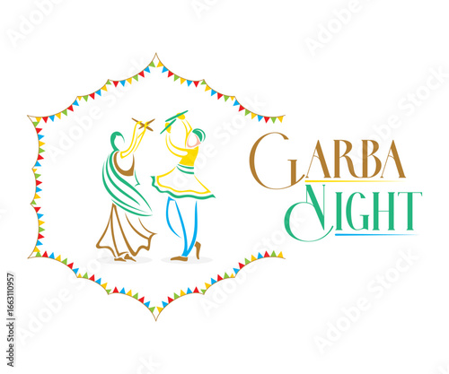 creative Navratri Graba Night poster design, Indian couple playing Garba.
