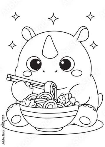 coloring book page cute rhino eating noodles