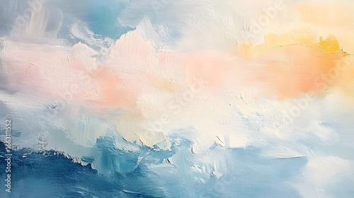 Abstract impressionist oil painting texture background soft brushstrokes blending pastel colors blue pink peach yellow creating dreamy cloudscape sky effect