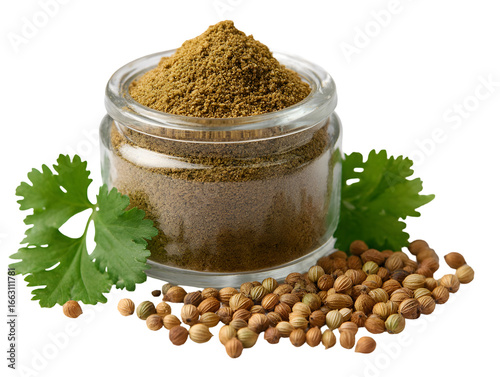 A glass jar filled with ground coriander spice, surrounded by coriander seeds and fresh leaves