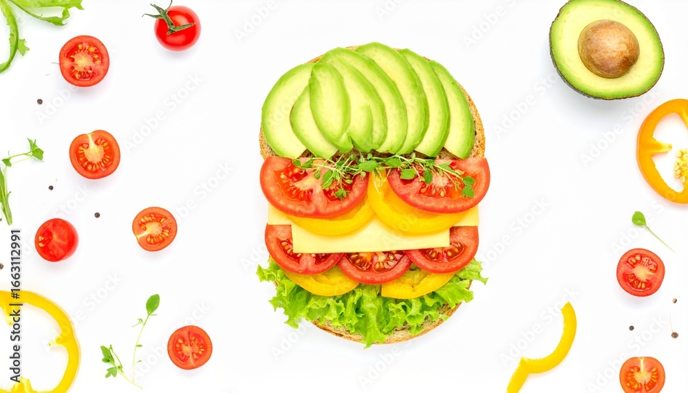 Naklejka premium A vibrant open-faced sandwich layered with avocado, tomato, cheese, bell pepper, and lettuce on bread, surrounded by cherry tomatoes and bell pepper slices for a fresh, colorful presentation.