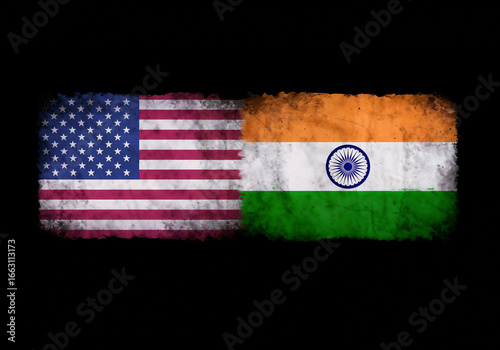 Flags of United States and India represent international relations on dark background