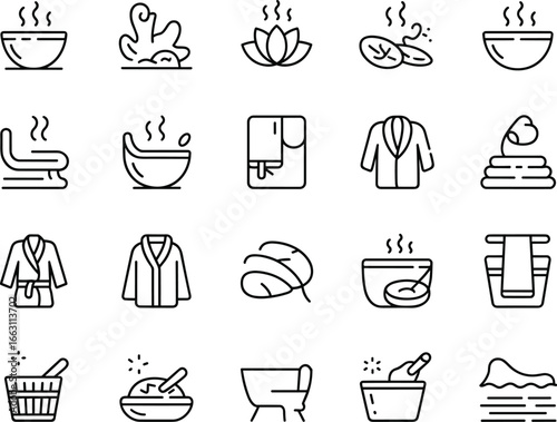 Spa icon collection, wellness line symbols, sauna objects, massage tools, relaxation therapy, bathrobe elements, aromatherapy, and hot tub illustrations