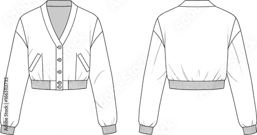 Front and back view of women's cropped cardigan sweater vector illustration, long sleeve buttoned jacket design, fashion knitwear template, casual top apparel, editable clothing sketch