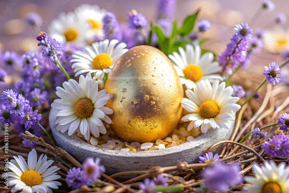 Obraz premium Golden Easter egg in a nest of daisies and lavender