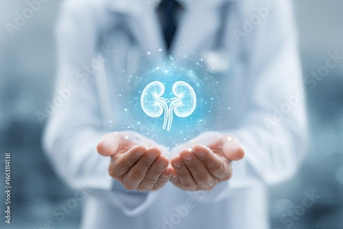Doctor's hands gently cradling a glowing digital kidney model