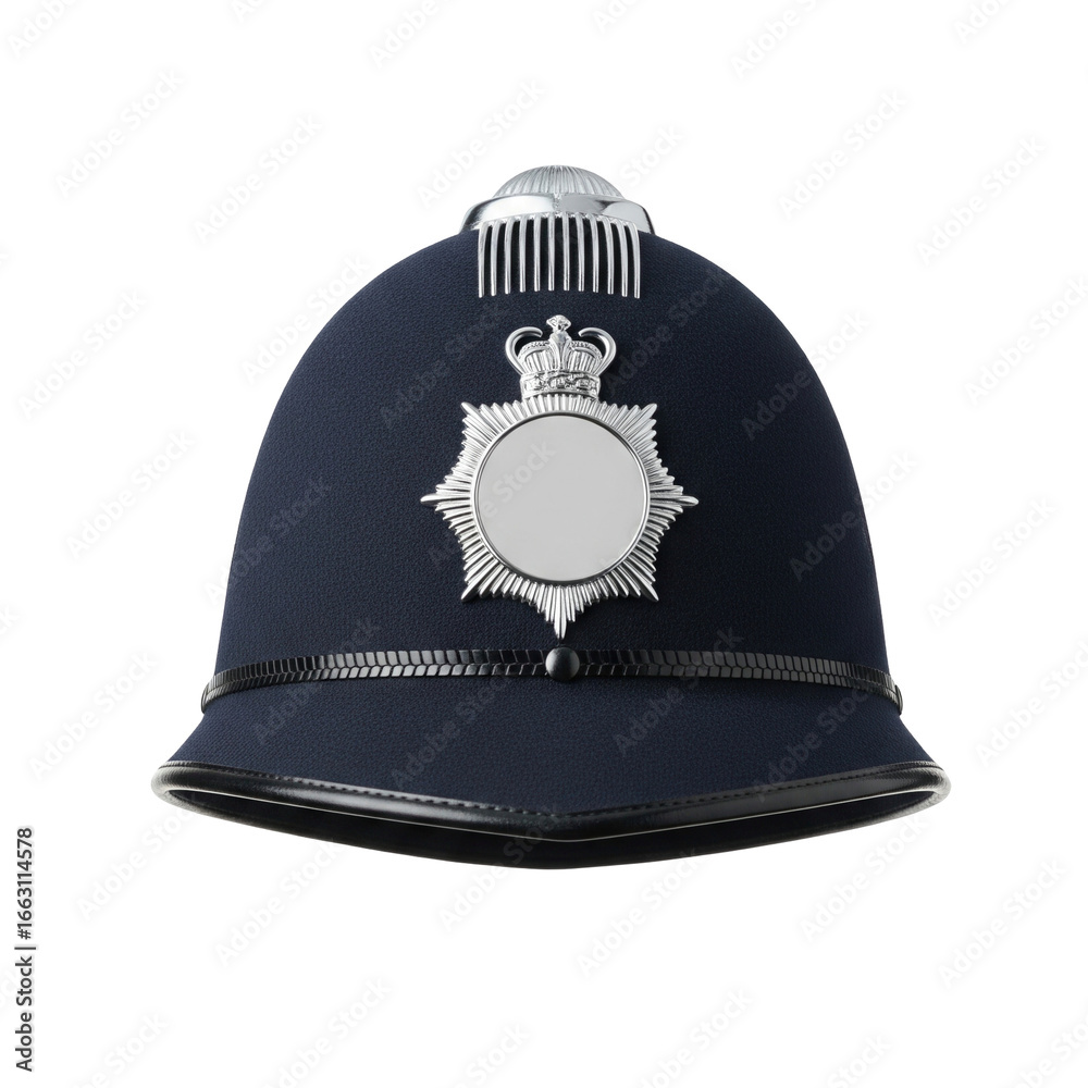 Naklejka premium Traditional british bobby police custodian helmet with a silver crown badge and insignia