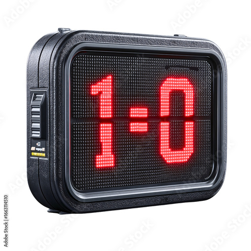 Game Score Display: Capturing the intense moment, this close-up shot presents a modern digital scoreboard displaying the score 1-0, illuminated in striking red against a sleek black backdrop.