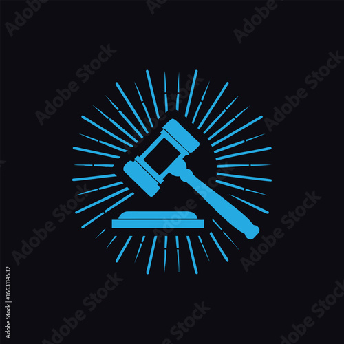 Blue judge's gavel and sound block with radiating lines on dark background justice court