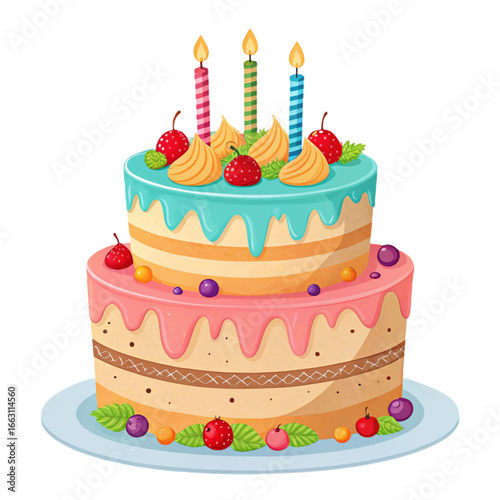 Cartoon style birthday cake with candles on transparent background for party invitations, celebration posters, children’s events and festive designs




