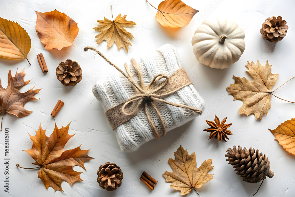Fototapeta premium Knitted gift box with autumn leaves and pinecones present