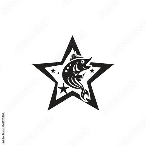 Stylized Black Jumping Fish Inside a Star with Smaller Stars silhouette black and white