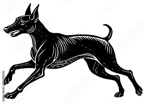 Doberman Running Silhouette Linocut, Athletic Guard Dog Vector Illustration