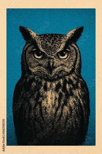 Vintage Owl Portrait with Halftone Print Texture on Blue Background
