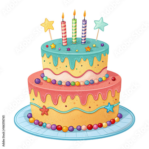 Cartoon style birthday cake with candles on transparent background for party invitations, celebration posters, children’s events and festive designs




