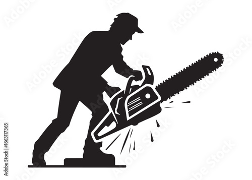 chainsaw cutting logo silhouette vector, chainsaw silhouette logo design illustration, chainsaw silhouette powerful vector design, woodcutter with chainsaw logo silhouette vector on white background 