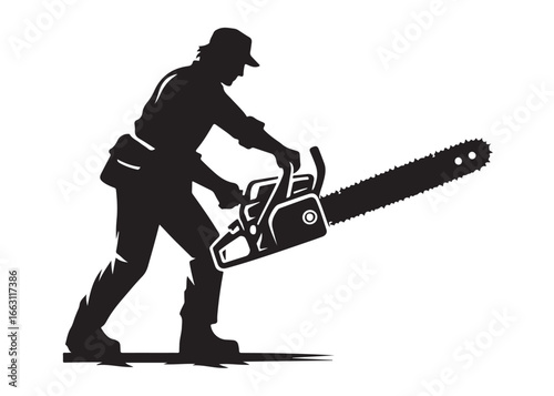 chainsaw cutting logo silhouette vector, chainsaw silhouette logo design illustration, chainsaw silhouette powerful vector design, woodcutter with chainsaw logo silhouette vector on white background 